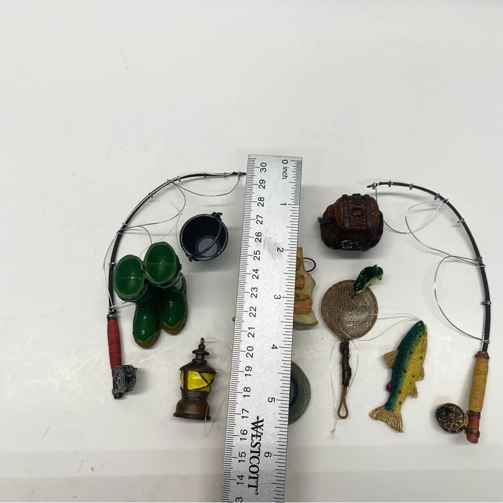 Fishing Miniature Set of 10 Christmas Tree Ornaments boots rods & accessories